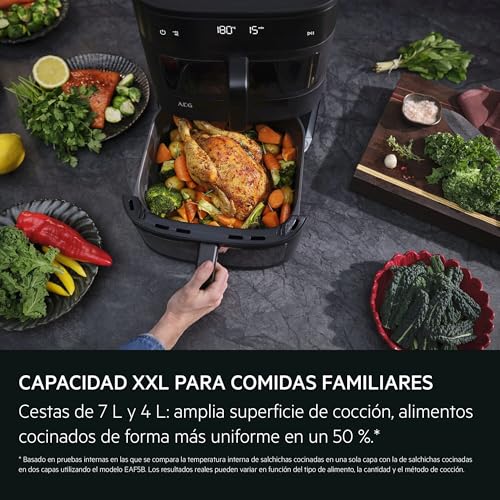 Friteuse à air chaud AEG pour repas de famille avec double panier de cuisson synchrone