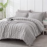 KAKIJUMN Grey Comforter Set Queen Size, 7 Piece Bed in a Bag Seersucker Comforter and Sheet Set, All