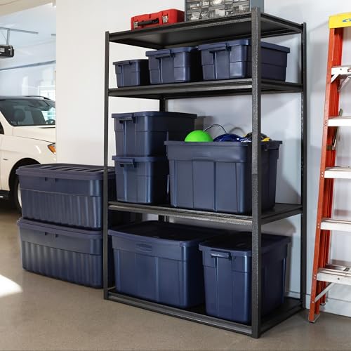 Image of Rubbermaid Roughneck Tote 18 Gal, 6 Pack, Made in USA, Dark Indigo Metallic, Rugged Plastic Stackable Storage Bins with Lids and Handles