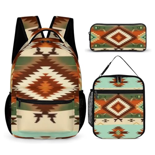 Backpack with Lunch Box & Cosmetic Bag Set Ethnic Geometric Pattern Mexican Tribal (1) Bookbag Daypack Set Backpack with Lunch Bag Storage Bags