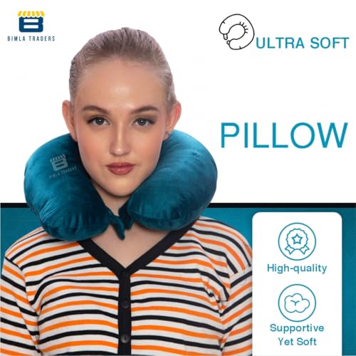 Image of CRAE Travel Neck Pillow for Men & Women | Soft Fibre Cushion for Flight, Car & Train | Soft Velvet Fabric with Attachable Snap Strap | Cervical Support for Neck Pain Relief.Pack of 1(Lagoon Blu)
