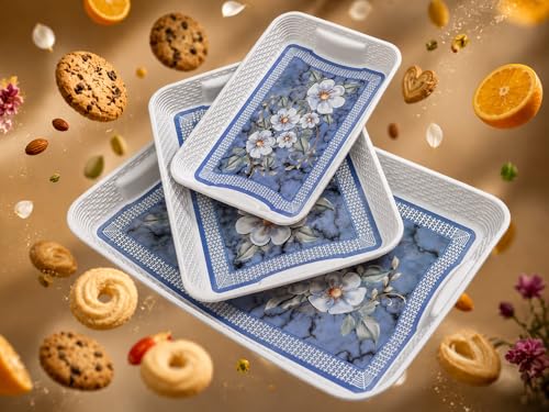 Image of 3 Pcs Plastic Serving Tray Set with Handle | Multipurpose Tea Snacks Breakfast Tray | Floral Printed Rectangular Serving Trays for Kitchen & Home (Blue Flower)