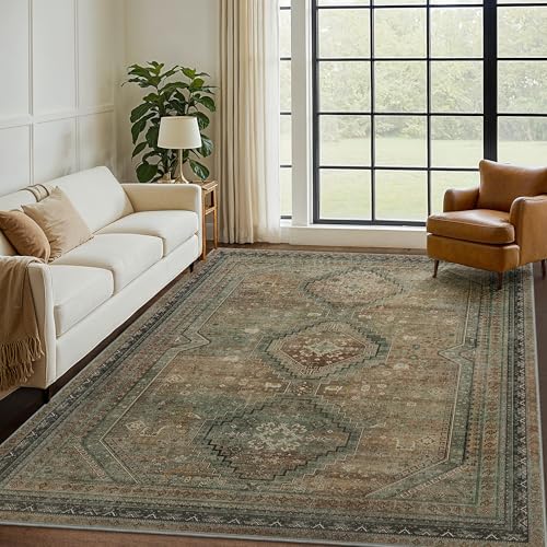 GENIMO 3x5 Vintage Area Rug, Machine Washable, Non Slip & Low Pile Lightweight for Living Room, Entryway, Bedroom, Kitchen, Brown