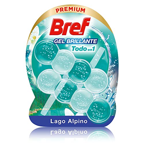 Bref Gel Brillante Lago Alpino Todo en 1 (2x42g), cesta en gel para una limpieza completa,colgadores WC para la limpieza del baño, frescor duradero y brillo radiante