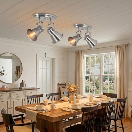 Image of 2-Light Brushed Nickel Pull Chain Light Fixture, Ceiling Light with Pull Chain, Adjustable Flush Mount Lighting for Kitchen, Closet, Hallway