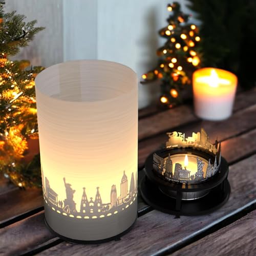 New York Premium Geschenkbox – Motivkerze mit Silhouette und Skyline Projektion für New York Fans – Souvenir, Geschenk, Deko – Einzigartiges Schattenspiel
