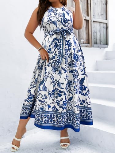 Image of Floerns Women's Plus Size Boho Sleeveless Halter Neck Tie Back A Line Long Dress