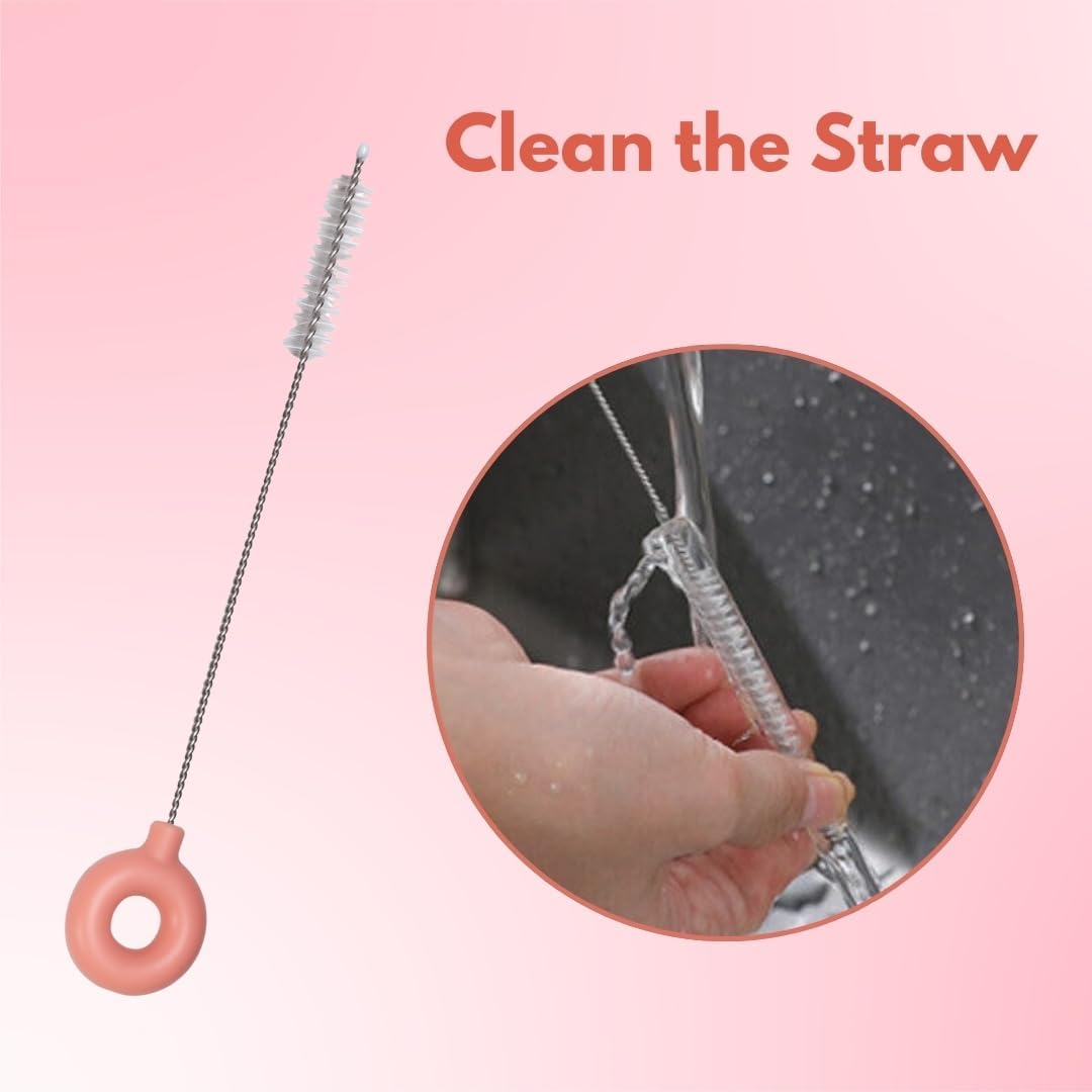 AMPLIN Jumbo Baby Bottle Cleaning Brushes, Nipple, Straw & Feeding Bottle Cleaner Set with 50 ml Travel-Sized Spray Container, BPA-Free Silicone Bristles, Built-in Drying Rack (Pink) 3
