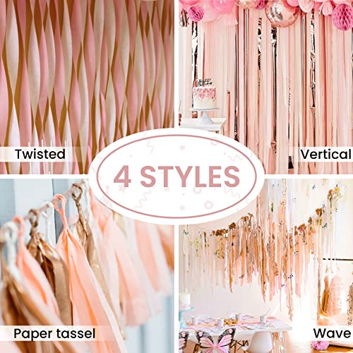 Image of PartyWoo Rose Gold Crepe Paper Streamers 6pcs 492ft Pack of Metallic Rose Gold Baby Pink Crepe Paper Streamers for Birthday Bridal Shower Engagement New Year Eve Graduation Party Decorations