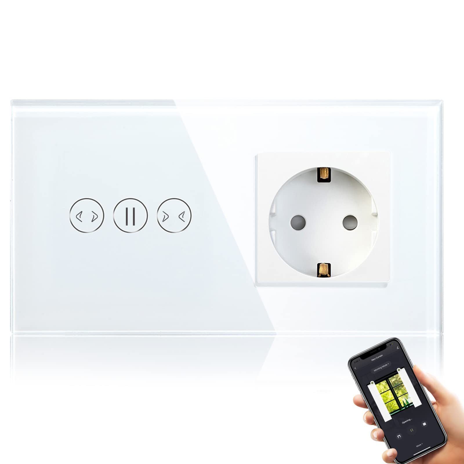 BSEED Przełącznik WiFi Smart Alexa z gniazdkiem, kompatybilny z Google Home Tuya, szklany przełącznik ekranu dotykowego, przełącznik żaluzji (wymagany przewód neutralny), biały