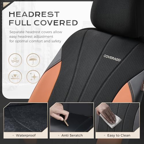 Image of Coverado Seat Covers for Car, Automotive Car Seat Covers 5 Seats, Mesh Breathable Leather Seat Protectors, Brown Seat Covers Universal Fit for SUV, Truck, Vans, Sedan