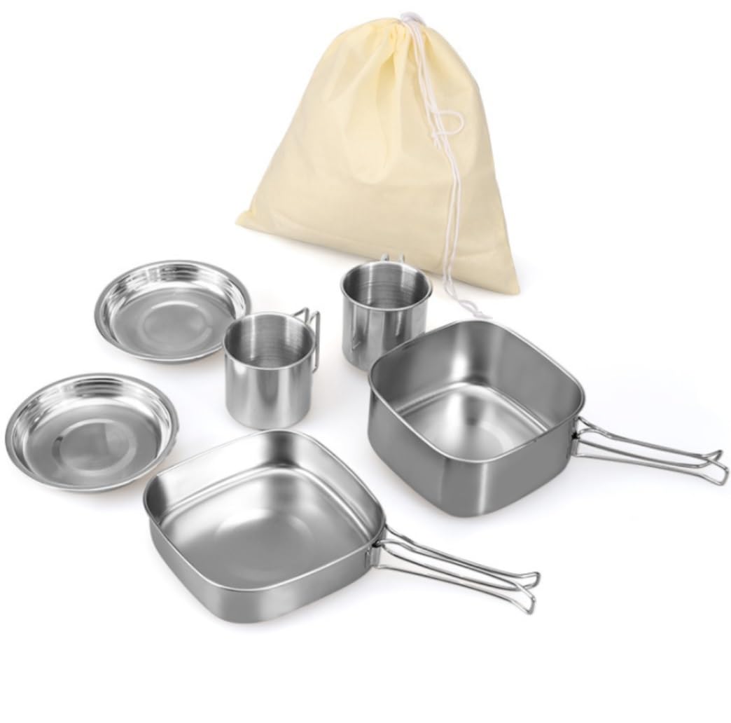 Zestaw Naczyń Kempingowych, 6 Szt. Przenośny Zestaw Naczyń Kempingowych Ze Stali Nierdzewnej Non Stick Camping Patelnie I Garnki Naczynia Piknikowe Niezbędnik