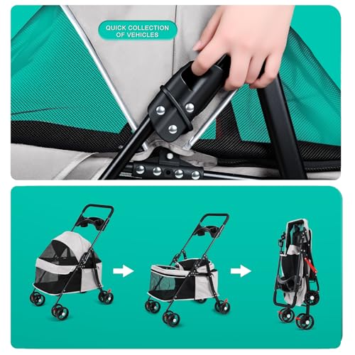 2in1 Hundewagen, Hundebuggy mit 1 Getränkehaltern, Hundebox Transporttasche Faltbar klappbar mit Feststellbremse, Bollerwagen für Hunde, 48 cm * 68 cm * 95cm (Grau)