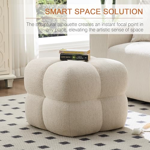 Image of Zesthouse Square Pouf Ottoman, Modern Vanity Chair Backless for Bedroom, Beige Linen Stool Seat Foot Rest, Upholstered Poofy Footstool for Couch, Fabric Ottoman Coffee Table for Living Room