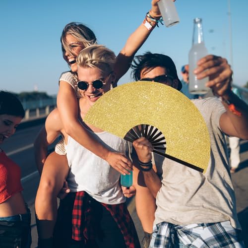 Image of Vercraft 13'' Large Rave Fan for Women Rave Accessories Festival Outfits Glitter Hand Folding Clack Fan for Line Dancing EDM Music Festival Outfits(Gold)