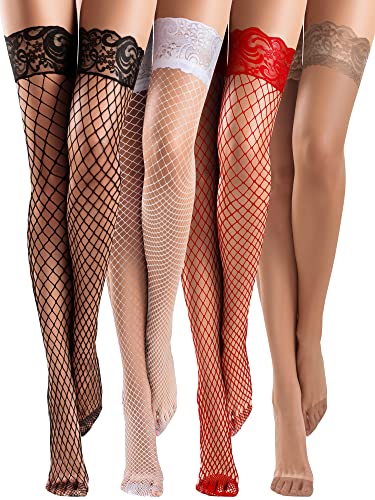 Bencailor 4 Paar Halterlose Netzstrümpfe Spitzenstrümpfe Oberschenkelhohe Strümpfe für Damen(Rot, Weiß, Schwarz, Kaffee,L)