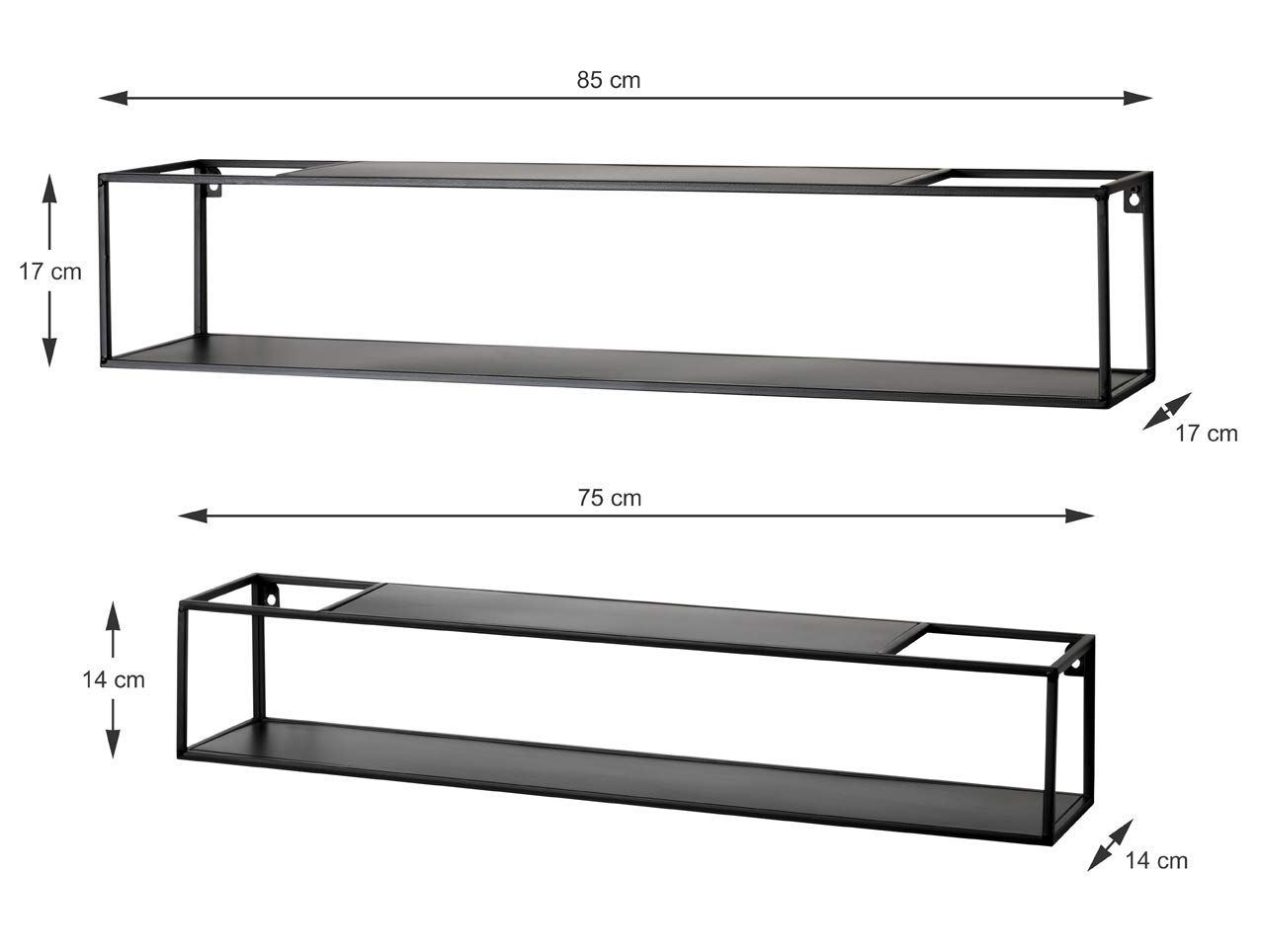 HAKU Lot de 2 étagères murales Noir, métal - Dim.: L 75/85 cm x H 14/17 cm x P 14/17 cm, Style: Modern