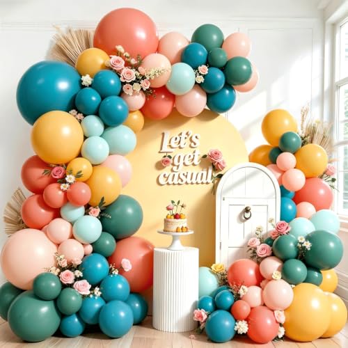Image of Boho Rainbow Balloon Arch Kit,Retro Colorful Balloon Garland with Dusty Teal Blue Yellow Light Orange Balloons and Retro Orange Fog Blue Balloon for Easters Autumn Birthday Sunshine Party Decoration