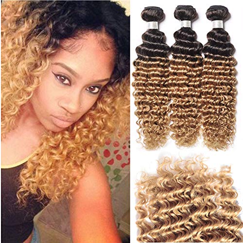 Brazilian Deep Wave Ombre Human Hair Bundles 2 Tone Dark Root to Honey Blonde Virgin Hair Extension 1B/27 Ombre Deep Curly Weave Human Hair 3 Bundles (10 12 14, 1B/27)