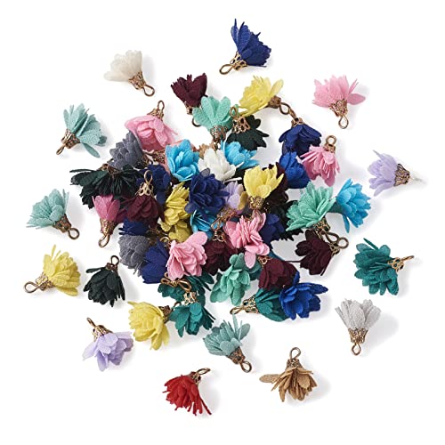 Beadthoven 100-piece Mixed Color Flower Pendants with Iron Finding Caps Cloth Tassel Charms for Jewelry Making Bails Bead Dangle Accessories