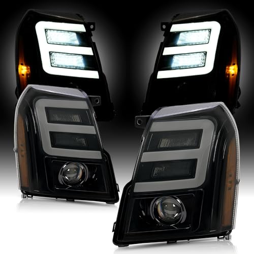ALMULOO Headlight Projector w/E Tube LED Compatible with 2007-2014 Cadillac Escalade ESV EXT Model Factory HID/XENON Headlamp Model Only Front Light Smoke Lens+Black Housing