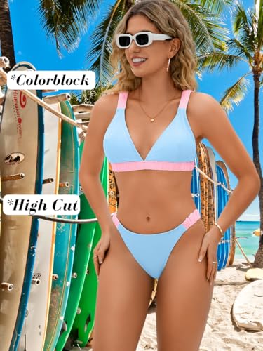 Women's Colorblock Bikini Set, High Cut Scrunch Strap Cheeky Cute 2 Piece Swimsuits for Summer Vacation4