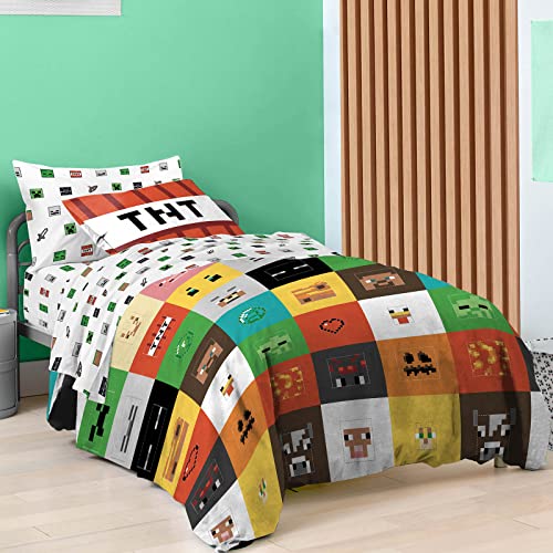 Saturday Park Minecraft Iconic Full Bed Set - 7 Piece 100% Organic Cotton Bedding Features Creeper, Alex & Steve - GOTS & Oeko-TEX Certified (Minecraft Official)