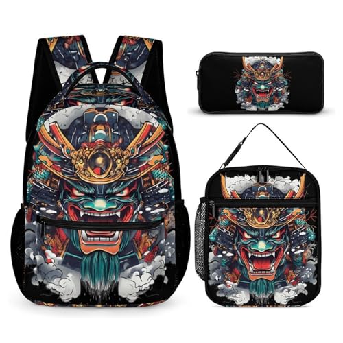 Oni Mask Japanese Armor Printed Backpack with Lunch Box Bag Pencil Case Pouch 3pcs Daypack Set for Women Men