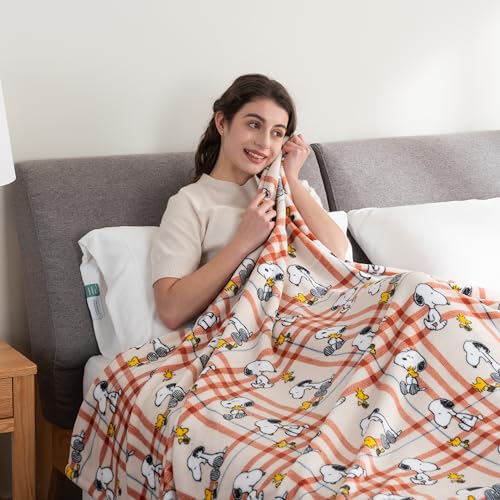 Image of Berkshire Blanket Peanuts VelvetLoft Cute Character Snoopy Plush Blanket,Snoopy and Woodstock Wood Holiday Plaid Medium Tan,Twin 60 in x 90 in (Official Peanuts Product)