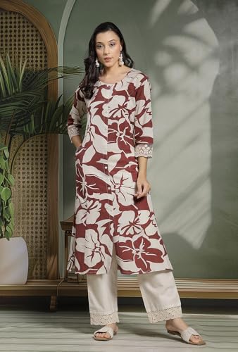 Image of Pistaa's Women's Cotton Regular Fit A Line Regular A-Line Printed Cutwork Sleeve Kurta