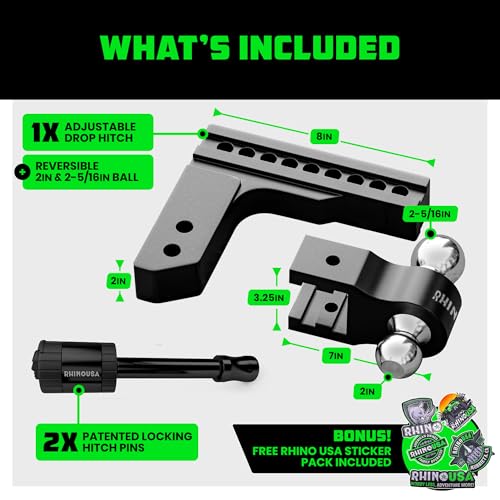 Image of Rhino USA Adjustable Trailer Hitch (2-Inch Receiver) - Heavy Duty Aluminum Tow Hitches with 8-Inch Drop /Rise for Truck (12,500 LBS GTW) - Weatherproof Double Anti-Theft Locking Hitch Pins (Black)