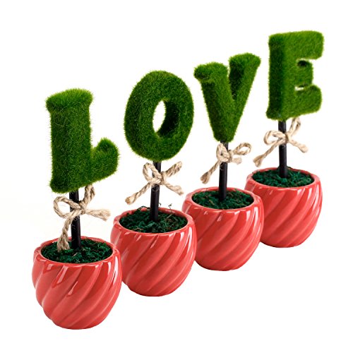 Mygift Decorative Letter Shaped Topiary Trees, Indoor Artificial Plants Sculpted Love In Red Ceramic Pots, Set Of 4 #TOP1