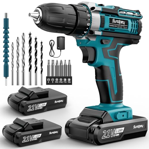 Sundpey Visseuse Devisseuse Sans Fil 21V - Perceuse Visseuse Sans Fil avec 2 Batteries 2,0Ah, 1500RPM 45Nm Max Visseuse Electrique, 2 Vitesses, 18+1 Réglages...