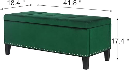 Miniatura 3 de Adeco Otomana rectangular de almacenamiento, banco de terciopelo copetudo en el extremo de la cama con remache, taburete reposapiés, mesa de café