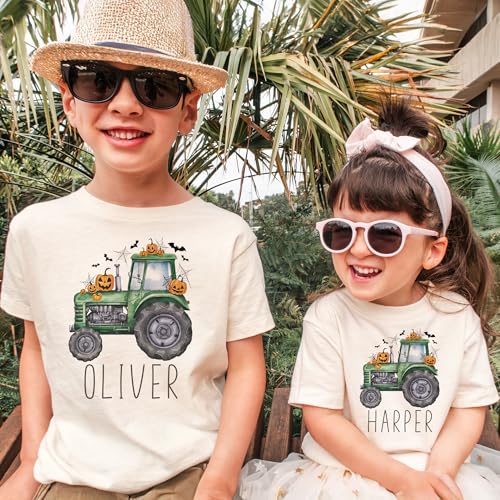 Personalized Kids Halloween Tractor T-Shirt - Custom Spooky Green Farm Tractor - Fun Halloween Shirt with Jack-o'-Lantern Pumpkins - Customizable with Child’s Name - Natural Toddler Youth Tee2
