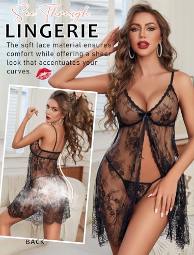 Image of Avidlove Sexy Lingerie for Women Open Front Lace Babydoll Dress V Neck Chemise Negligee Honeymoon