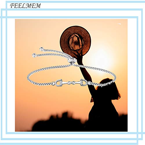 Feelmem Horse Snaffle Bit Plated Cubic Zirconia Crystal Easy Hook Clasp Charm Bangle Bracelet Equestrian Jewelry Good Luck Gift For Horse Lover Girl Woman Teen (Snaffle Slider Silver) #TOP6