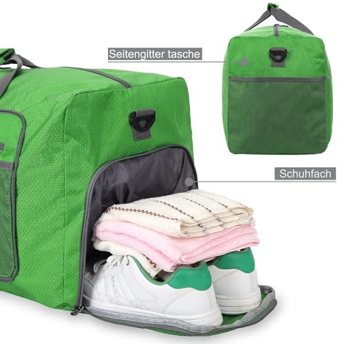 Bekahizar Leichte Faltbare Reisetasche 60L Große Travel Duffle Bag Übernachtung Taschen Verpackbar Reisegepäck Gym Sporttasche Mit Schuhfach für Herren Damen Flugzeug Camping Reisen Urlaub (grün)