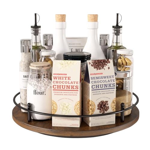 Image of 12 inch Lazy Susan Turntable Organizer,Round Wooden Lazy Susan Organization and Rotating Spice Rack for Dining Table,Pantry,Kitchen Countertop,Vanity,Cupboard and More.Vintage Wood(Round)