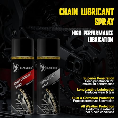 Image of BLACKBIRD Bike Care Kit Chain Lube Spray 220ml, Chain Cleaner Spray 220ml, De-Rust 120ml, All in One Polish 200ml, Chain Cleaning Brush & 2 Pc Microfiber Cloth Motorcycle Cleaning Maintenance Combo