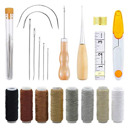 MMLUCK Leather Sewing Repair Tools Kit 29 Pcs with Leather Craft Sewing Needles Canvas Thread and Needles Tape Measure DIY Basic Tools for Beginner
