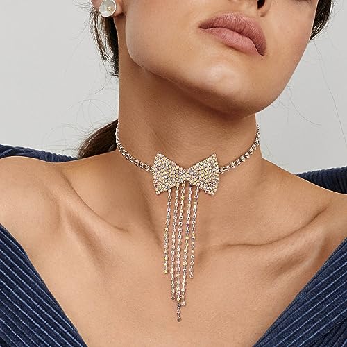 ELABEST Rhinestone Bowknot Necklace Sparkly Tassel Choker Bow Tie Tennis Chain Party Nightclub Jewelry for Women2