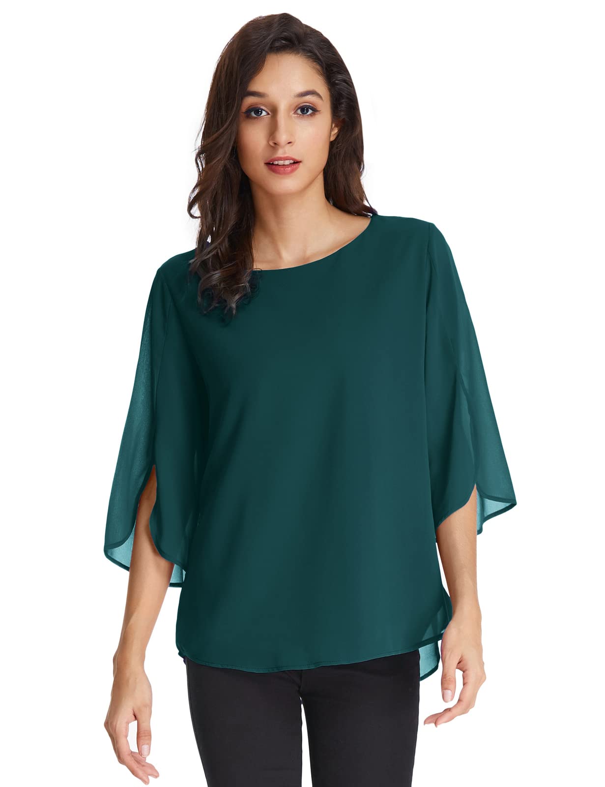 GRACE KARIN Blusa Verano Gasa con Cuello Redondo Y Mangas 3/4 Elegante Blusa Casual Verde 2XL