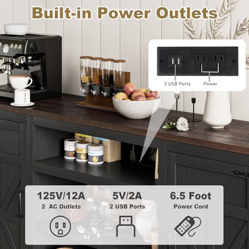 XVD 66 Farmhouse Coffee Bar Cabinet with Charging Station Sideboard Buffet Cabinet with Large Storage Wood Buffet Storage Cabinet with Adjustable Shelves for Kitchen Living Room Black