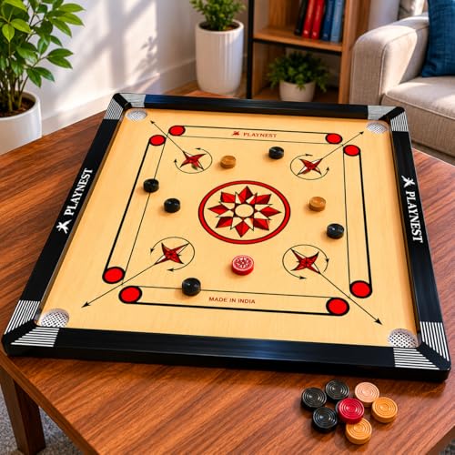 Image of Premium Wooden Carrom Board for Family Fun Indoor Game Smooth Playing Surface Durable Construction Easy Coin Glide Board Game for Kids & Adults (26 INCH)
