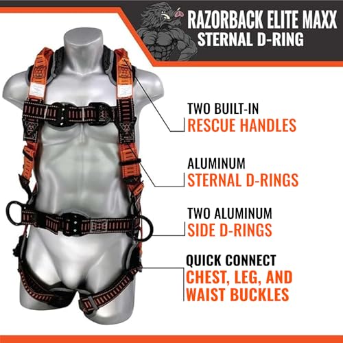 Image of Malta Dynamics Razorback Elite MAXX - Safety Harness and Fall Protection Kit with Sewn in Lumbar Support Belt and Built-in Rescue Handles for Fall Arrest, OSHA & ANSI Compliant (3XLarge)