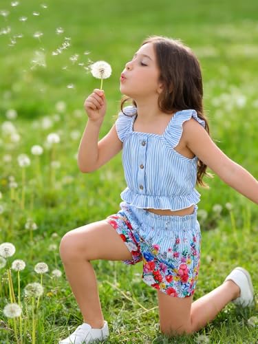 Image of Kids Toddler Girls Summer Clothes Button Design Striped Tank Top + Floral-Print Elastic Shorts 2 Piece Outfits