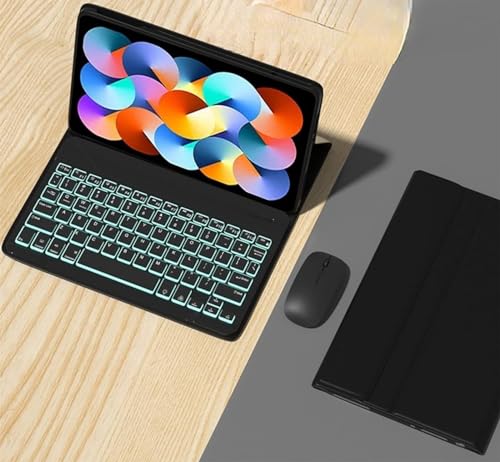 For Redmi Pad 10.6�C���`�P�[�X���C�����X�L�[�{�[�h�t���A�u���[�g�D�[�X �A���h�A���E�\�ȃt���b�v�X�^���h�P�[�X (black+black backlit keyboard + white mouse)