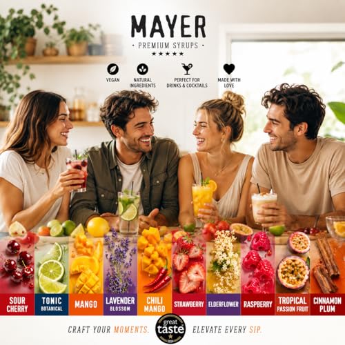 Image of Mayer Premium Artisan Syrup Variety 10-Pack - Award-Winning Cocktail & Coffee Syrups, Elderflower, Lavender Blossom, Botanical Tonic, Tropical Passion Fruit, Mango, Chili Mango, Cinnamon Plum, Raspberry, Strawberry & Sour Cherry, Real Fruit & Botanicals, Vegan, Gluten Free - No Artificial Additives (10 x 16.9 Fl Oz)