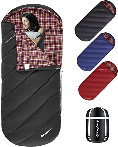 KingCamp Camping Sleeping Bag- XL with Hood, Extra Tall Big Wide Cotton Flannel Lined Portable Packable Sleeping Bags for Cold Warm Weather Backpacking, Hiking, Travel, Outdoors, Black-Large